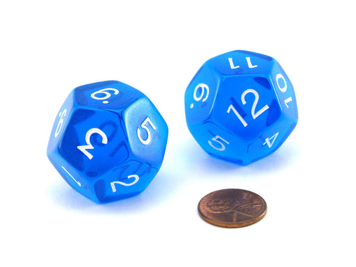 Pack of 2 Jumbo 29mm D12 Transparent Dice - Blue with White Numbers