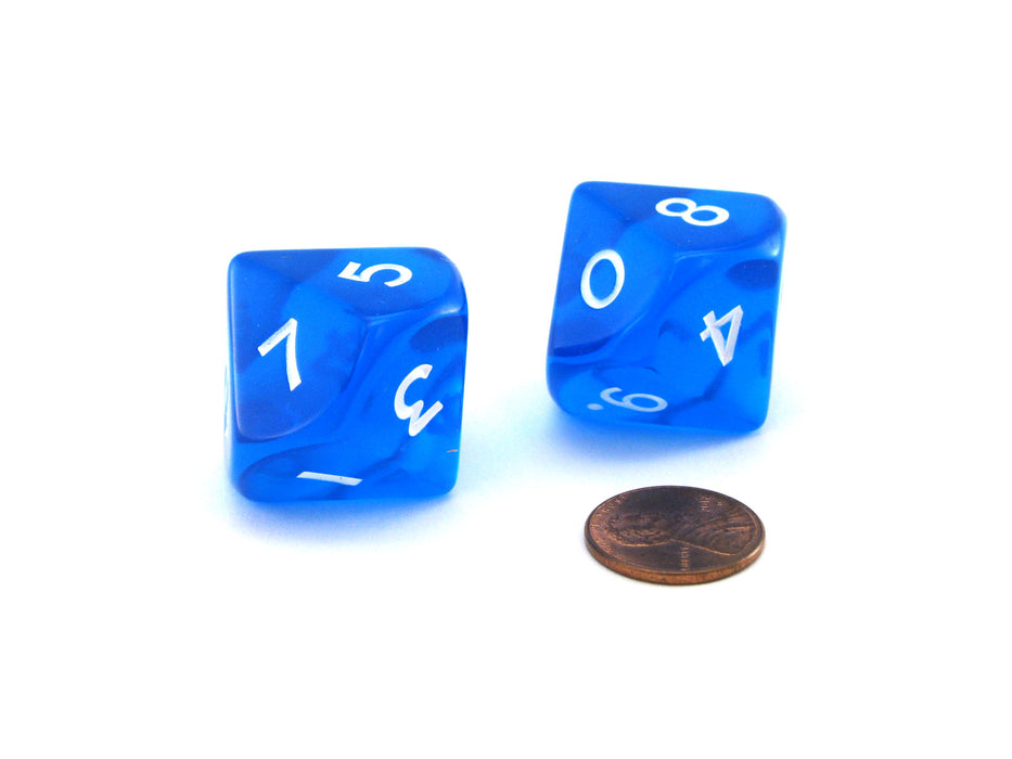 Pack of 2 Jumbo 25mm D10 (0-9) Transparent Dice - Blue with White Numbers