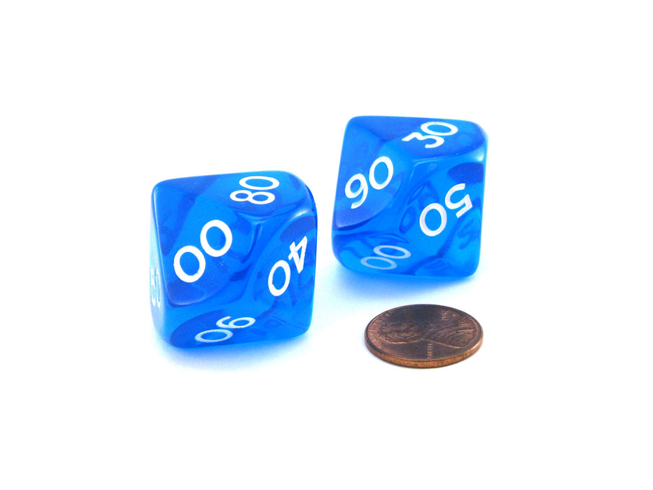 Pack of 2 Jumbo 25mm Tens D10 (00-90) Transparent Dice - Blue with White Numbers