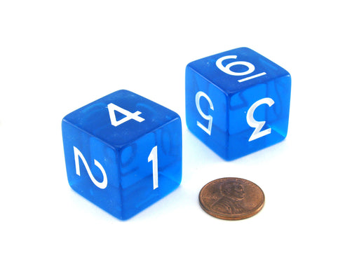 Pack of 2 Jumbo 25mm D6 Transparent Dice - Blue with White Numbers
