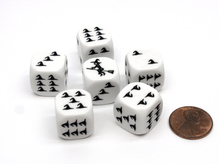 Pack of 6 Witch Halloween Themed 16mm Dice - White with Black Etches