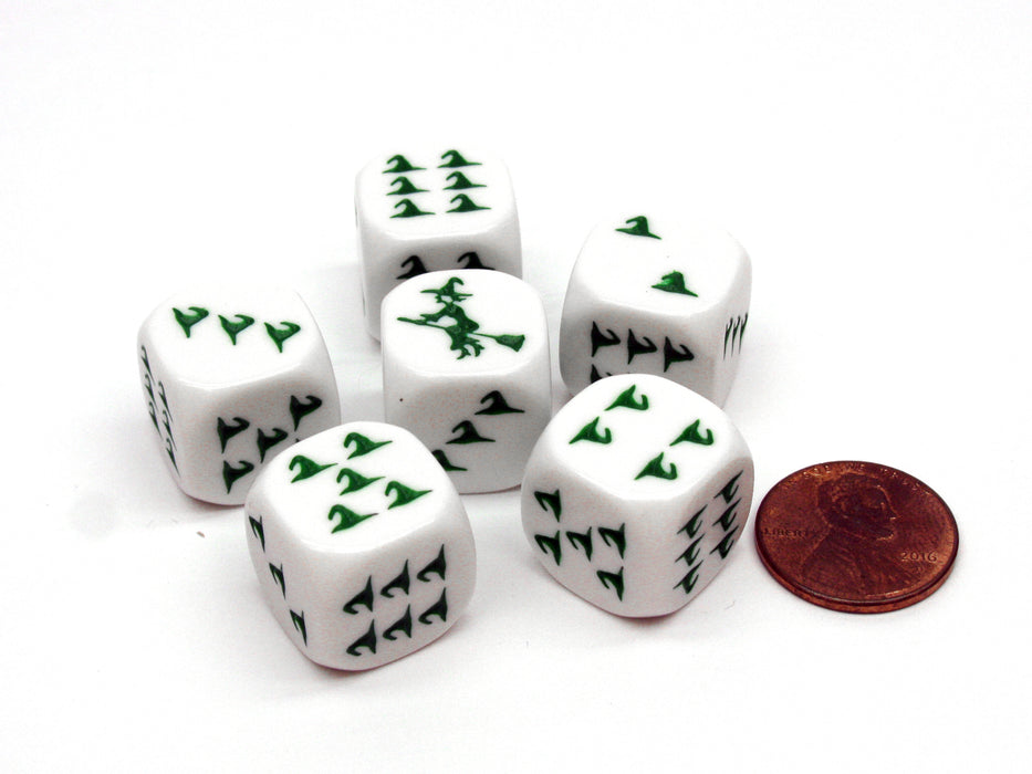 Pack of 6 Witch Halloween Themed 16mm Dice - White with Green Etches