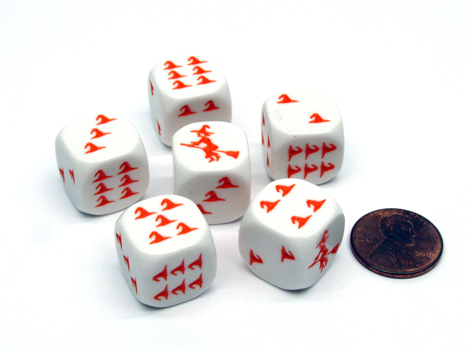 Pack of 6 Witch Halloween Themed 16mm Dice - White with Orange Etches