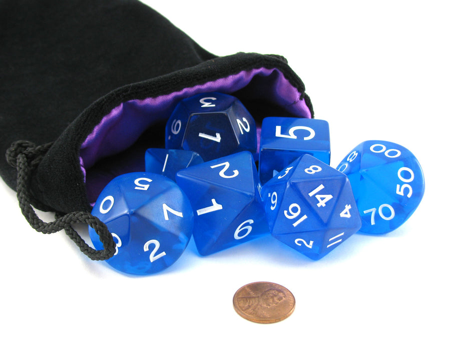 Polyhedral 7 Piece Jumbo Transparent Dice Set in Bag - Blue with White Numbers