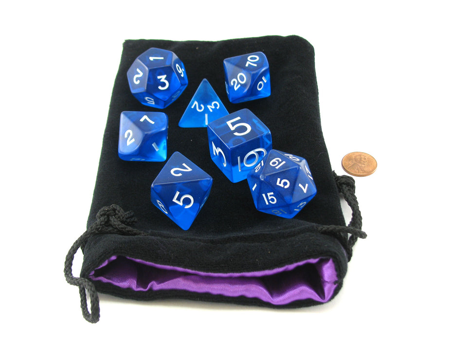 Polyhedral 7 Piece Jumbo Transparent Dice Set in Bag - Blue with White Numbers
