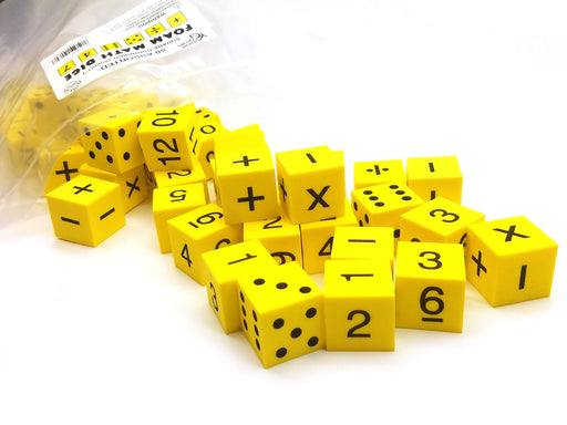Pack of 50 Yellow 1" 25mm Foam Math Dice - Assorted Function, Spots, and Numbers