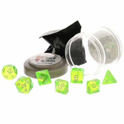 Polyhedral 7-Piece DnD Pizza Dungeon Dice Set - Lucky Clear Neon Green