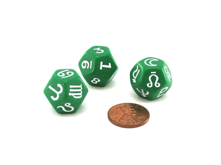 Planets, Signs, Numbers Astrology Dice Set, 3 D12 Dice - Green with White