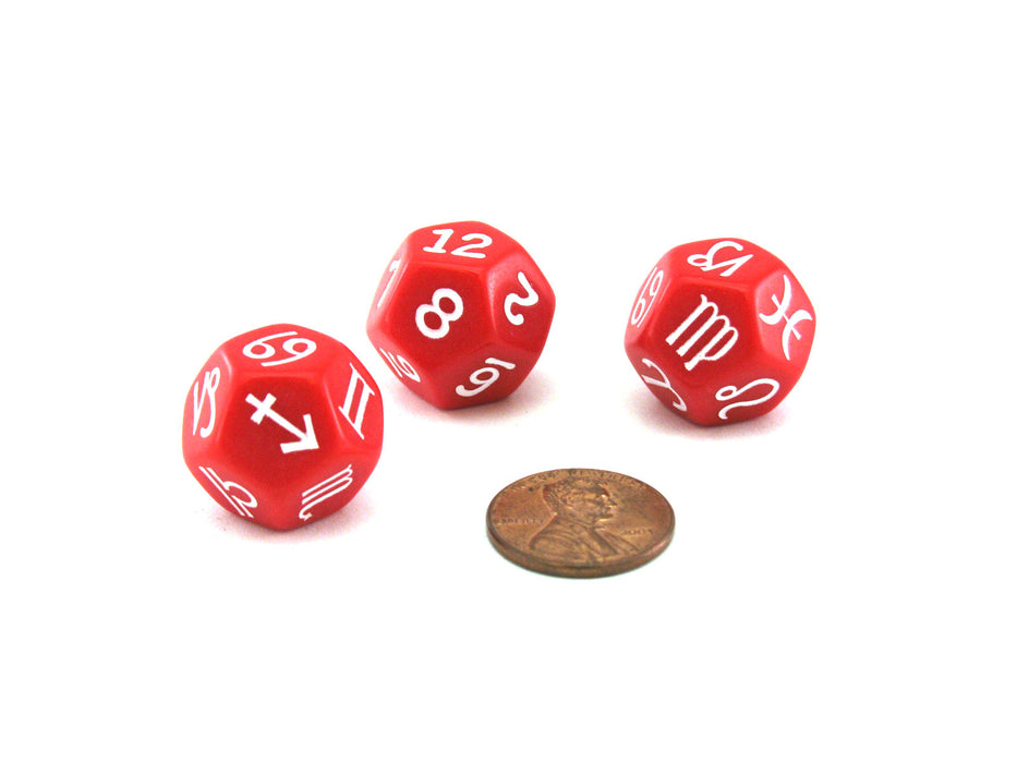 Planets, Signs, Numbers Astrology Dice Set, 3 D12 Dice - Red with White
