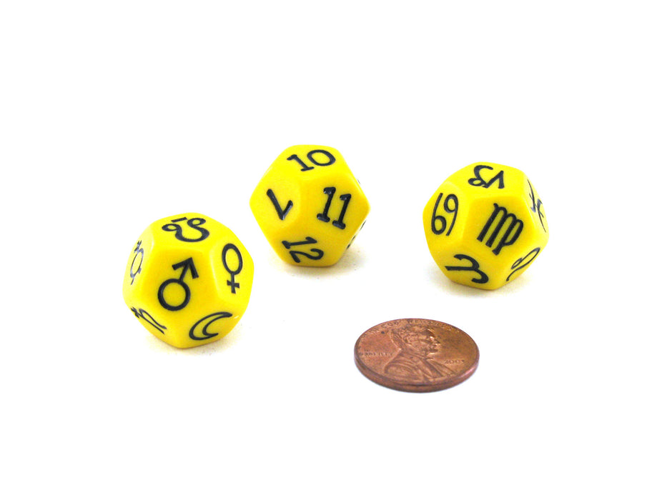 Planets, Signs, Numbers Astrology Dice Set, 3 D12 Dice - Yellow with Black