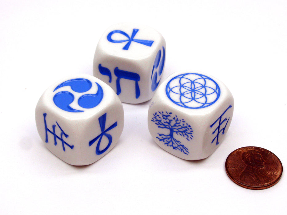 Pack of 3 New Life Symbols 22mm D6 Dice - White with Blue Life Symbol Etches