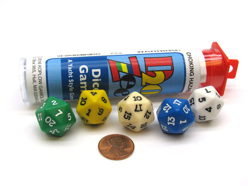 D20 Zee Dice Game - 5 D20 19mm Dice with Travel Tube and Instructions