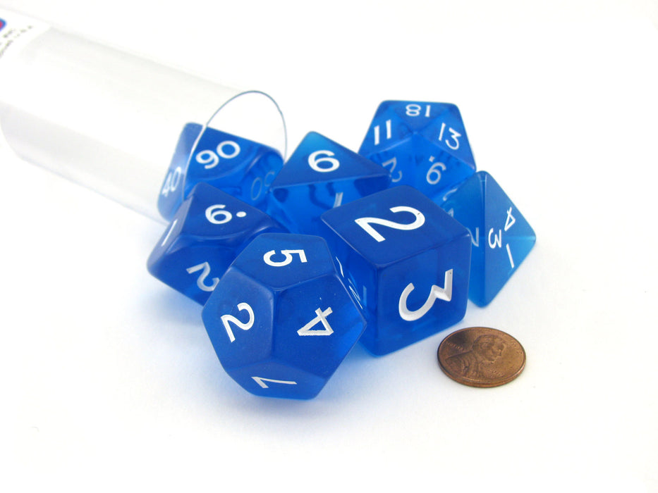 Polyhedral 7 Piece Jumbo Transparent Dice Set in Tube - Blue with White Numbers
