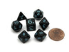 Mini Polyhedral 7 Piece Opaque Dice Set Small 11mm Die - Black with Light-Blue