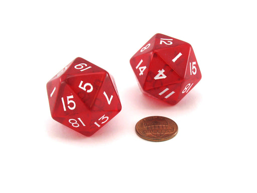 Pack of 2 Jumbo 29mm D20 Transparent Dice - Red with White Numbers
