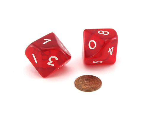 Pack of 2 Jumbo 25mm D10 (0-9) Transparent Dice - Red with White Numbers