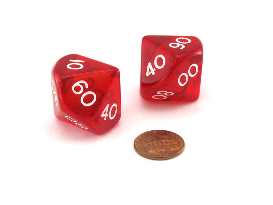 Pack of 2 Jumbo 25mm Tens D10 (00-90) Transparent Dice - Red with White Numbers