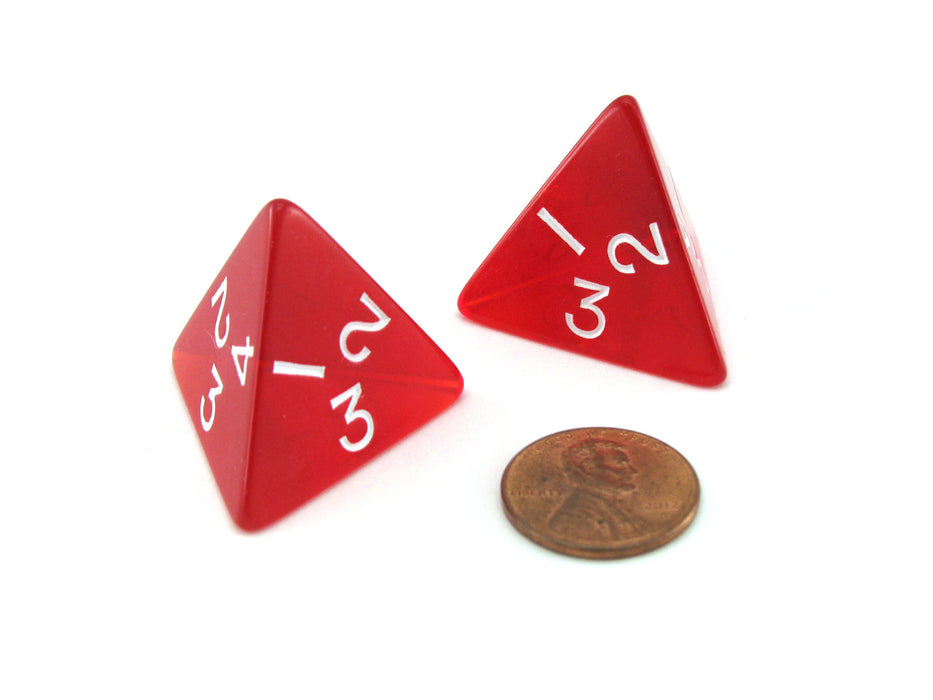 Pack of 2 Jumbo 26mm D4 Transparent Dice - Red with White Numbers