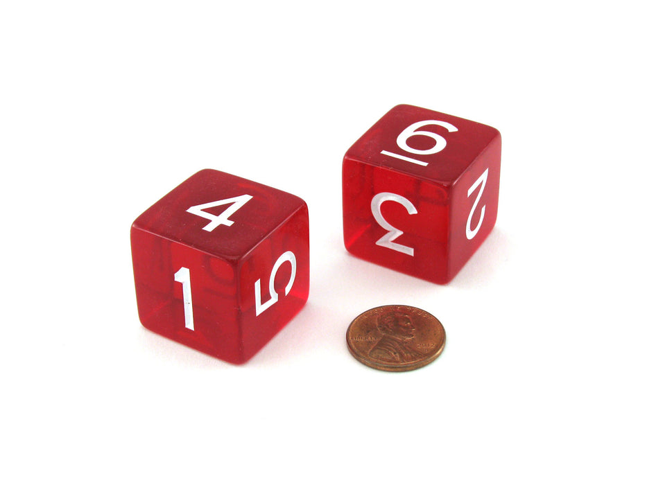 Pack of 2 Jumbo 25mm D6 Transparent Dice - Red with White Numbers