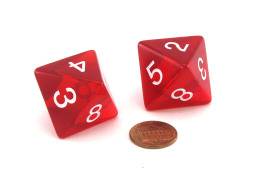 Pack of 2 Jumbo 25mm D8 Transparent Dice - Red with White Numbers