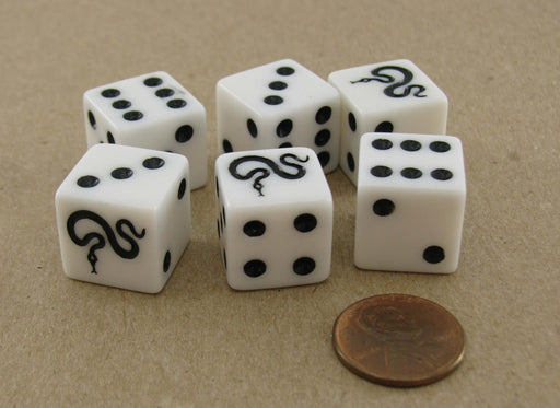 Pack of 6 Snake Dice, D6 16mm Square Edge - White with Black Pips