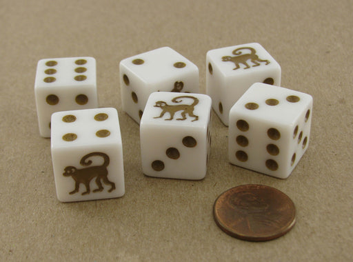 Pack of 6 Monkey Dice, D6 16mm Square Edge - White with Brown Pips