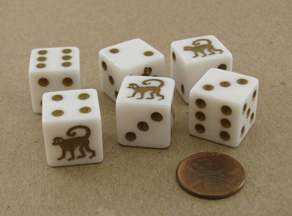 Pack of 6 Monkey Dice, D6 16mm Square Edge - White with Brown Pips