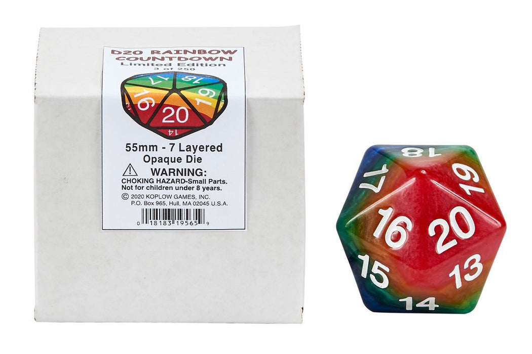 Limited Edition 55mm Countdown D20 Rainbow Dice with White Numbers