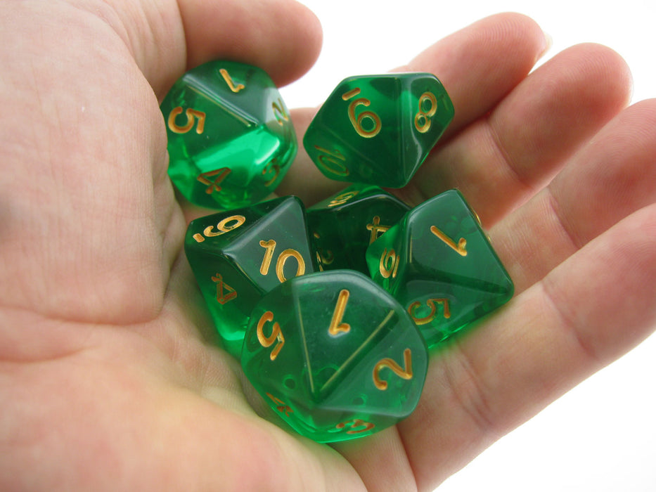 Pack of D10 Countdown 20mm Transparent Dice (1 to 10) - Emerald with Gold
