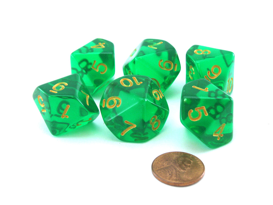 Pack of D10 Countdown 20mm Transparent Dice (1 to 10) - Emerald with Gold