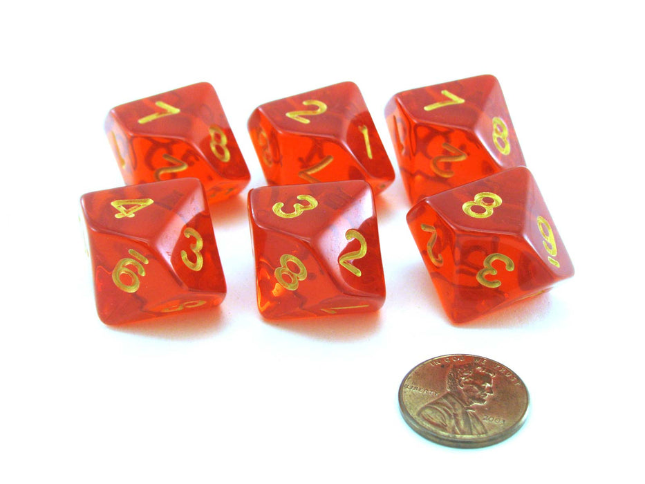 Pack of D10 Countdown 20mm Transparent Dice (1 to 10) - Red with Gold Numbers