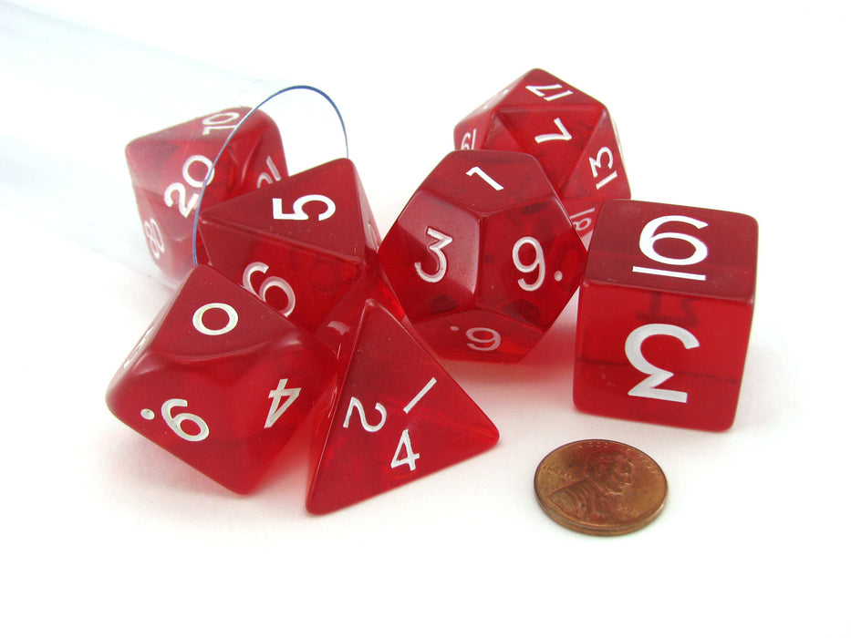 Polyhedral 7 Piece Jumbo Transparent Dice Set - Red with White Numbers