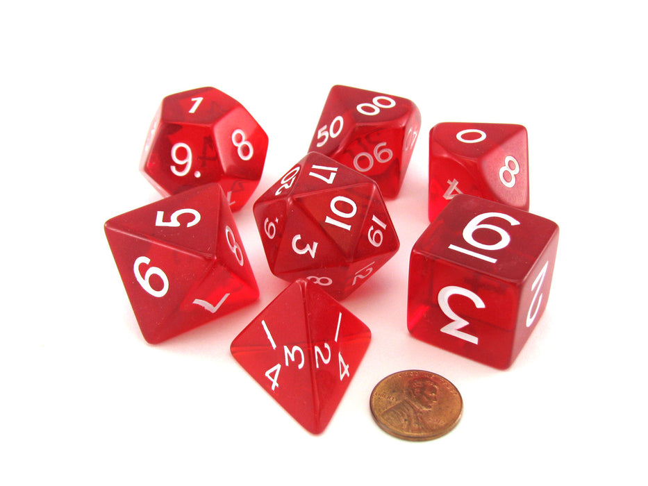 Polyhedral 7 Piece Jumbo Transparent Dice Set - Red with White Numbers