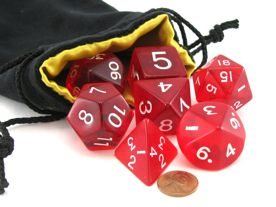 Polyhedral 7 Piece Jumbo Transparent Dice Set in Bag - Red with White Numbers