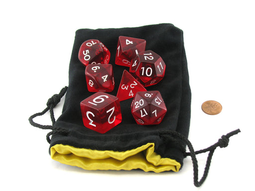 Polyhedral 7 Piece Jumbo Transparent Dice Set in Bag - Red with White Numbers