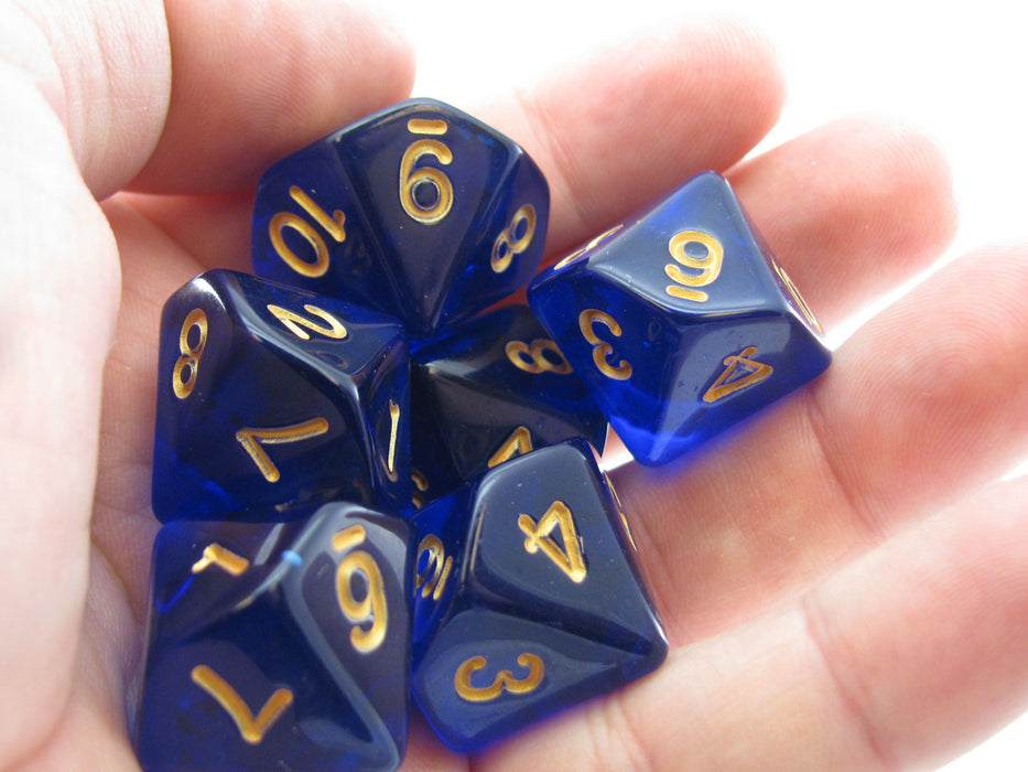 Pack of D10 Countdown 20mm Transparent Dice (1 to 10) - Blue with Gold Numbers