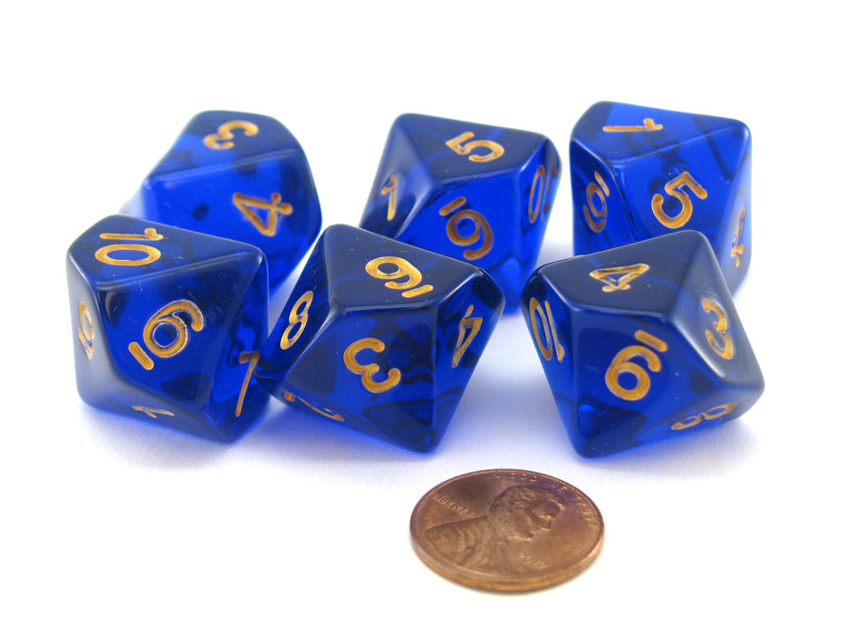 Pack of D10 Countdown 20mm Transparent Dice (1 to 10) - Blue with Gold Numbers