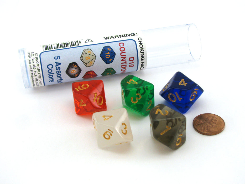 Pack of D10 Countdown 20mm Transparent Dice (Numbered 1 to 10) - 5 Colors