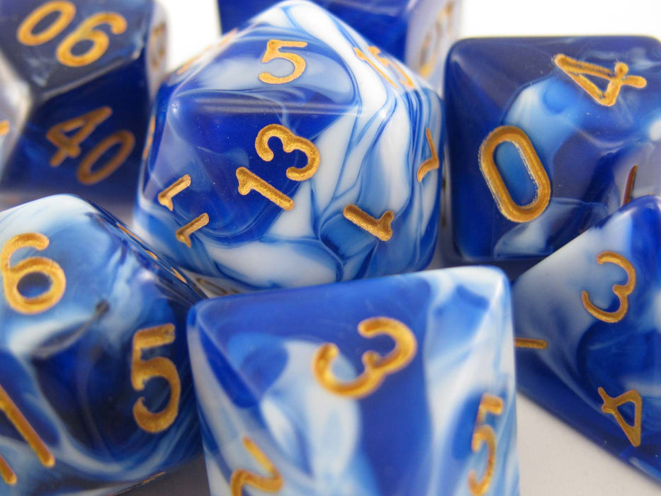 Polyhedral 7-Piece Layered Wedgewood Dice Set - Blue/White with Gold