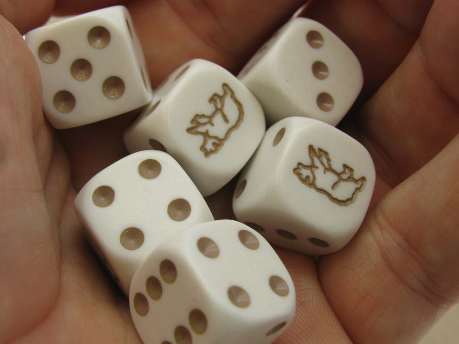 Pack of 6 Bear Dice, D6 16mm Square Edge - White with Beige Pips