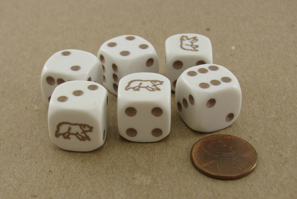 Pack of 6 Bear Dice, D6 16mm Square Edge - White with Beige Pips