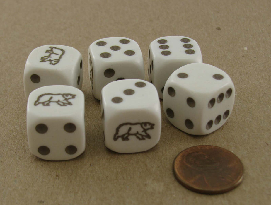 Pack of 6 Bear Dice, D6 16mm Square Edge - White with Brown Pips