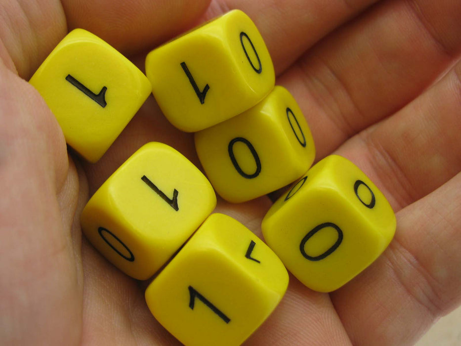 Pack of 6 Round Corner Binary Math (0, 1) 16mm Dice - Yellow with Black