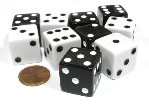 Set of 10 Large Six Sided Square Opaque 19mm D6 Dice - 5 Black and 5 White