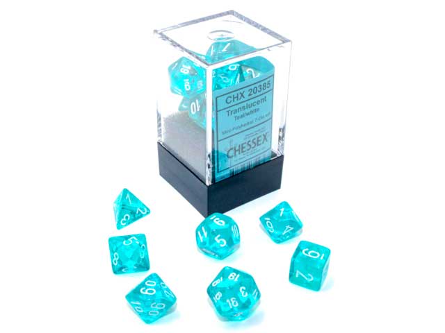 Polyhedral Mini 7-Die Set, Translucent - Teal with White Numbers