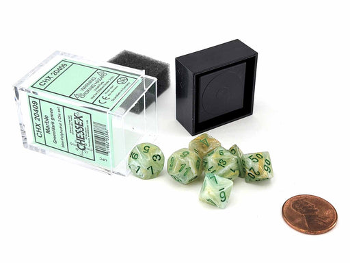 Polyhedral Mini 7-Die Set, Marble - Green with Dark Green Numbers