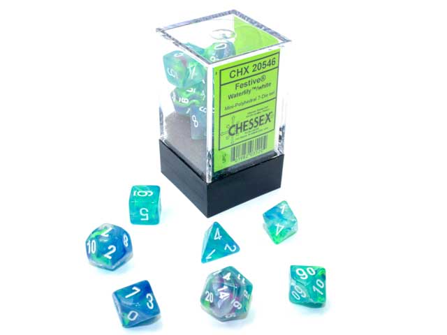 Polyhedral Mini 7-Die Set, Festive - Waterlily with White Numbers