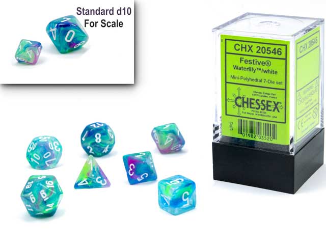 Polyhedral Mini 7-Die Set, Festive - Waterlily with White Numbers