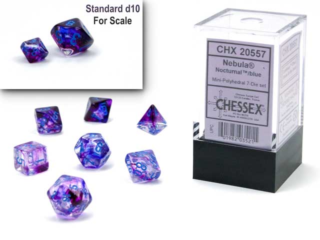 Polyhedral Mini 7-Die Set, Luminary Nebula - Nocturnal with Blue Numbers