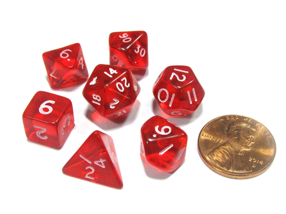 Polyhedral 7 Piece Dice Set Transparent Small 10mm Mini Die - Red with White